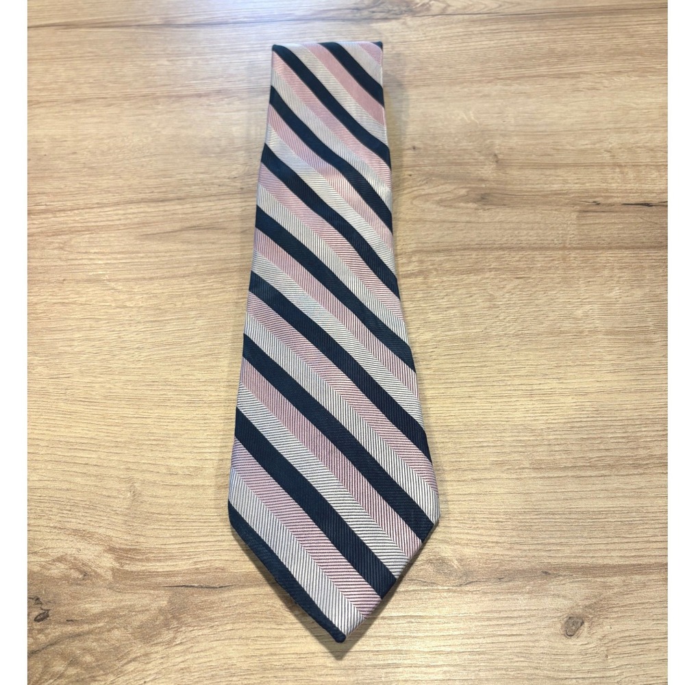 Bruno Piattelli Mens Silk Tie Navy Blue Pink Silver Striped Hand Made Necktie‎